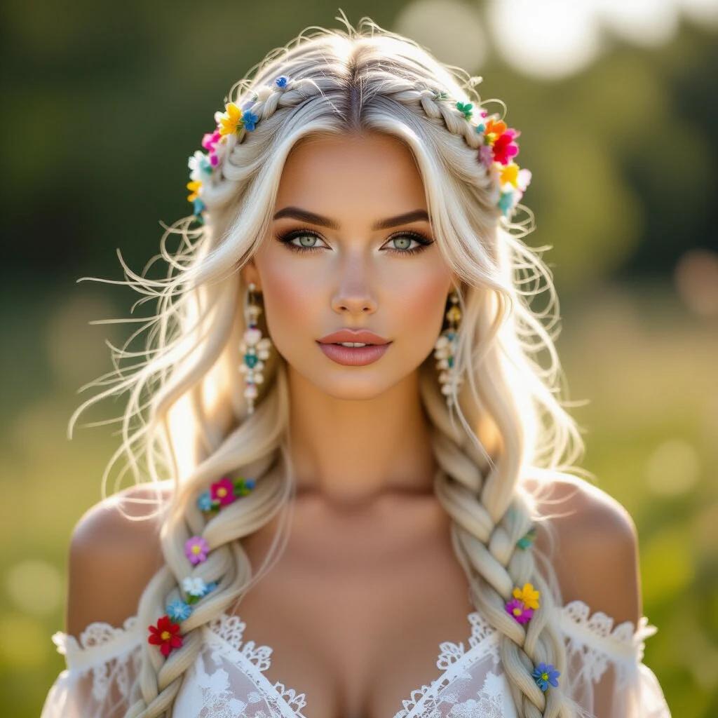Striking portrait of woman with long flowing platinum blonde hair adorned with intricate braids and colorful delicate flowers. She stands in a sunlit outdoor setting.