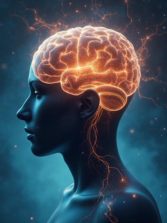 Glowing brain above a human silhouette. Profile view emphasizes the mental aspect. Dark background enhances visibility of the brain's glow.