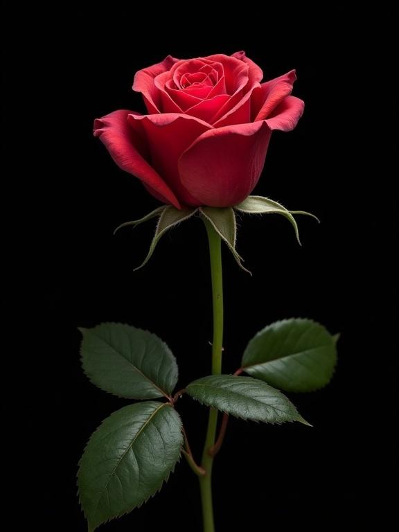 Create a realistic photo of a single red rose with a dark green stem. Include leaves and thorns. The background is solid black. Focus on realism and detail.
