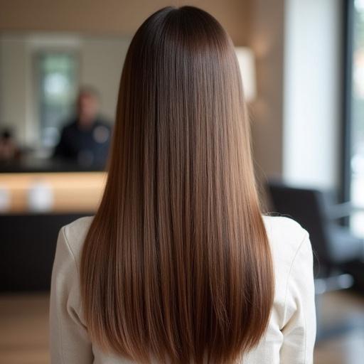 Back view of long straight Japanese hair with a beautiful shine. Soft halo effect around the hair adds elegance.