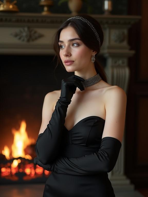 Full body portrait of a young woman in elegant gothic study. She stands next to a roaring fire. Right hand on chin. Pale skin. Dark brown hair in a sleek headband. Strapless black bandeau top. Elegant matched skirt. Long black opera gloves. Sparkling choker necklace. Subtle makeup. Thoughtful expression. Calm and introspective mood. Soft, even lighting. Modern minimalist style.