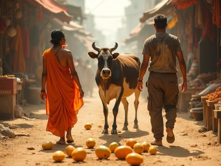 Wide shot of a bustling Indian street market at noon. Bright stalls with spices and fabrics, a cow blocking the path. A man in greasy mechanic clothes bumps into a woman in an orange sari, mangoes rolling on dusty ground. Both look stunned. Harsh sunlight, swirling dust. Photorealistic.