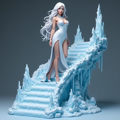 Ultra-detailed resin collectible figurine of an Ice Sorceress. She ascends an ornate icy staircase. Long white hair, icy blue eyes, seductive demeanor. Body-hugging whitish-blue dress with plunging neckline and leg slit. High heels and ice crystal jewelry. Base with staircase, snow textures, and ice towers. High-end resin printing.
