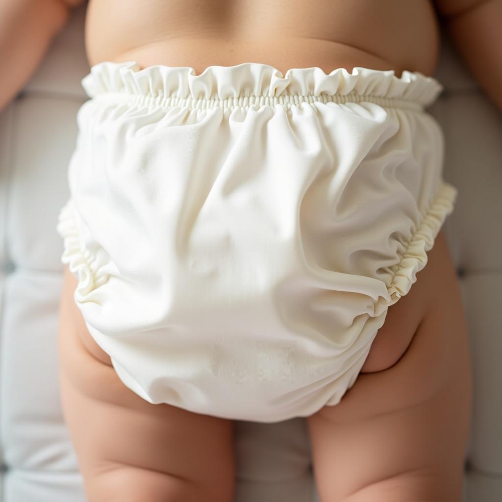 Close-up view of a baby wearing a creamy white plastic diaper. Emphasizes soft, see-through material. Highlights comfort and practicality for infants. Soft lighting showcases texture and design details. Ideal for parenting discussions.