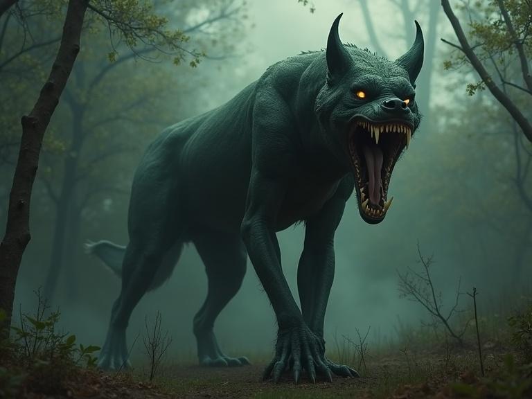 Realistic image of a Mexican monster known as chupacabra. Creature appears large and menacing. Features sharp teeth and glowing eyes. Set in a dark, foggy forest environment. Atmospheric lighting enhances the fearful appearance.