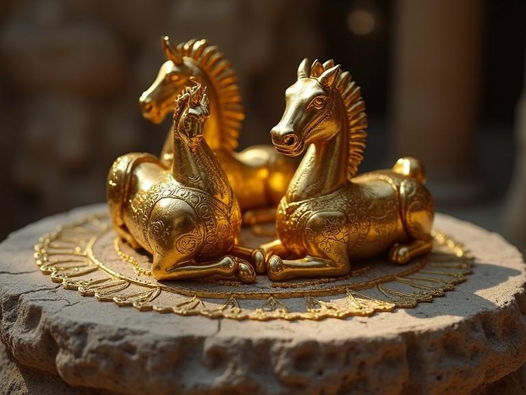 Ritual stone table adorned with ornate golden horse reigns. Young man's hands hover over the reigns. Blurred background features Greek symbols. Light shines from above, accentuating the gold's brilliance. Camera positioned overhead, with slight vertical movement simulating tension.