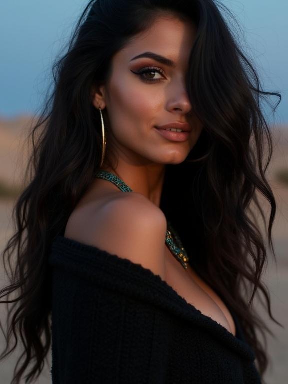 Candid photograph of a woman with wavy thick black hair. She wears a black shawl and off-the-shoulder sweater. Bright turquoise eyes are highlighted by dark makeup. The background shows a desert at night. The photograph captures her shoulder and accessories beautifully.