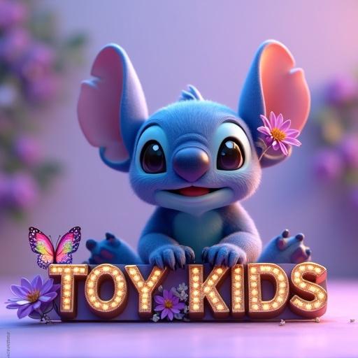 3D render showing a blue Stitch character smiling with fluffy fur holding a nameplate saying 'TOY KIDS'. Violet flower behind ear with a butterfly above. Soft purple background with warm lighting.