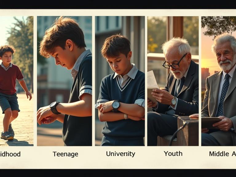 A cinematic storyboard in five panels. First panel shows a boy playing outside. Second panel features a teenage boy checking his watch. Third panel presents a young adult studying at university. Fourth panel depicts a middle-aged man in an office setting. Fifth panel illustrates an elderly man on a park bench. Each panel highlights the same unique wristwatch on the left wrist.