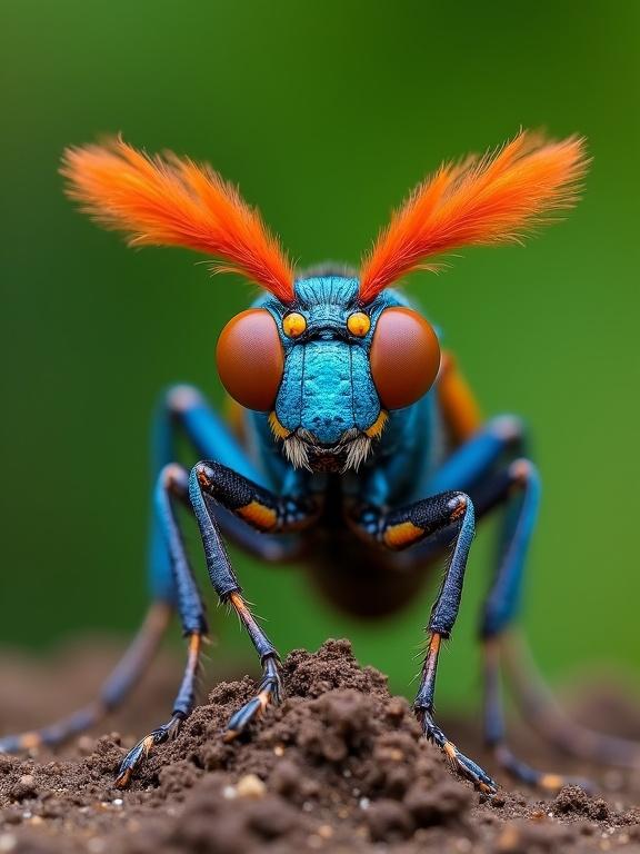 Detailed macro image of an insect with vibrant blue body orange eyes green blurred background. Insect has long orange-red antennae situated on a mound of earth. Thick and segmented legs exhibiting orange accents. Cloudy wings visible with orange hues. Insect posture is elegant yet menacing.