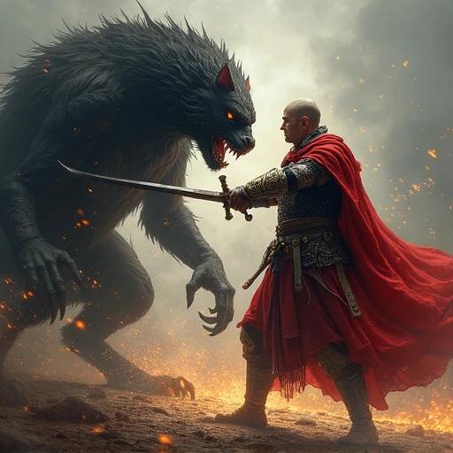 Warrior in red armor clashes with a shadow beast. Sparks fly during a fierce battle. Intense atmosphere dominates the scene.