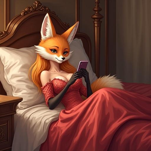 Anthro furry fox character laying in bed. Wearing formal gown with lace stockings. Texting on phone. Cozy setting with warm lighting.