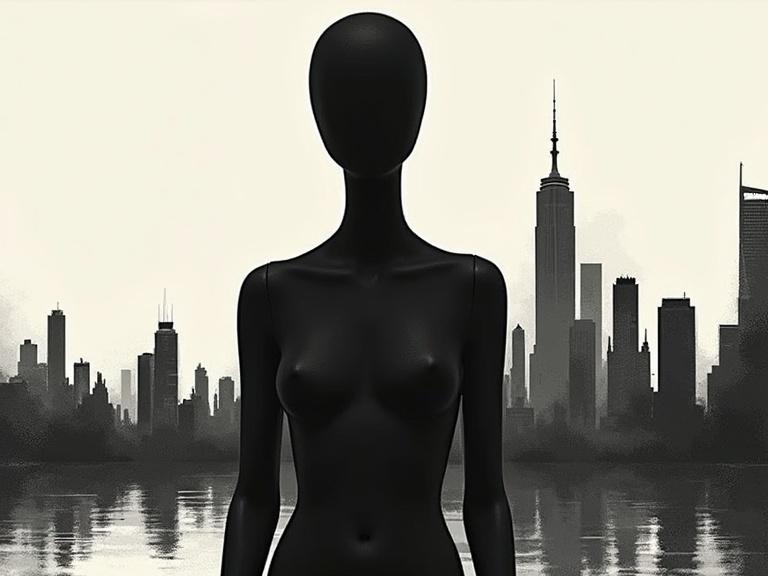 Faceless black mannequin set against a city landscape. Minimalist abstract illustration featuring bold monochrome background. Sharp color contrasts enhance clean negative space. Surreal and emotive composition evokes a fashion editorial vibe with high-concept visual storytelling.