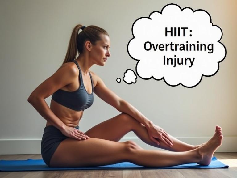 A person is stretching their leg. A thought bubble shows the risks like overtraining or injury from HIIT.