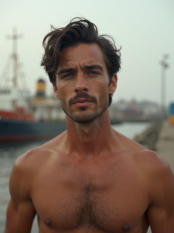 Handsome Italian man appearing shirtless at a dock with mid-length hair swept back. Chiseled features and muscular build. Late afternoon light highlights his physique. Showcases a relaxed, confident demeanor in a rural, 1970s Italian industrial setting.