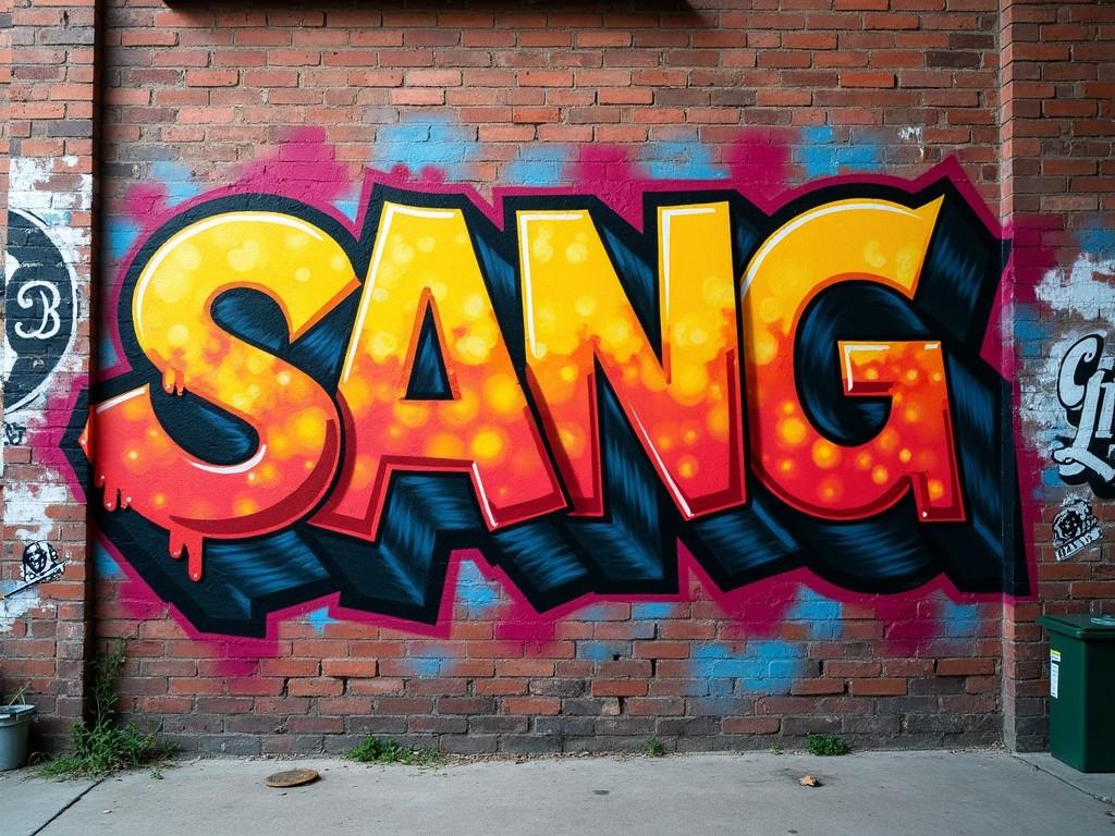 This image showcases graffiti art on a brick wall. The word 'SANG' is boldly stylized, using vibrant colors like red, orange, and yellow. The design features drips and a 3D effect, making it appear animated or pop out from the wall. The backdrop of the wall, with its rustic brick texture, enhances the visual contrast and appeal. Overall, it represents modern urban art and the creativity inherent in graffiti culture.