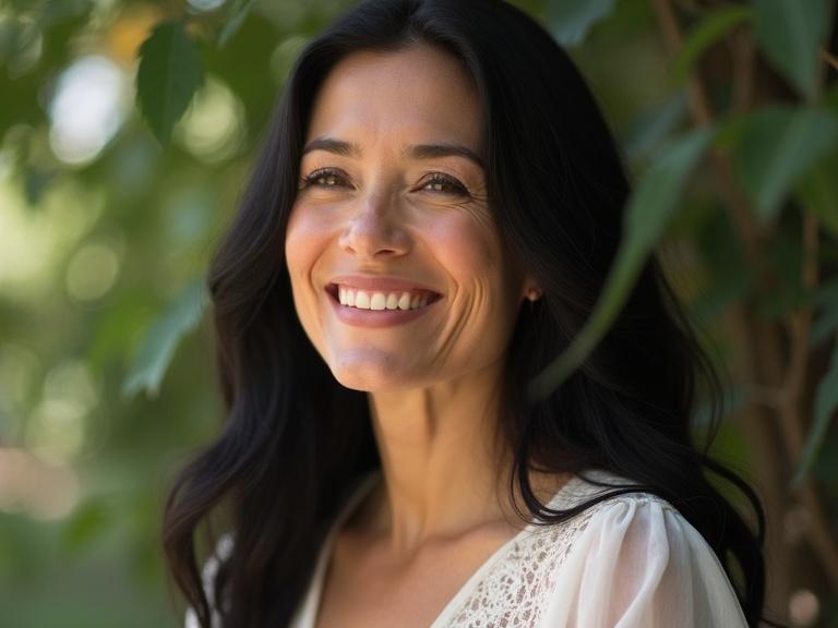 Enchanting mature woman with long black hair and light brown eyes. She wears a sheer white gown. She appears blissful. The scene is tranquil and enchanting.