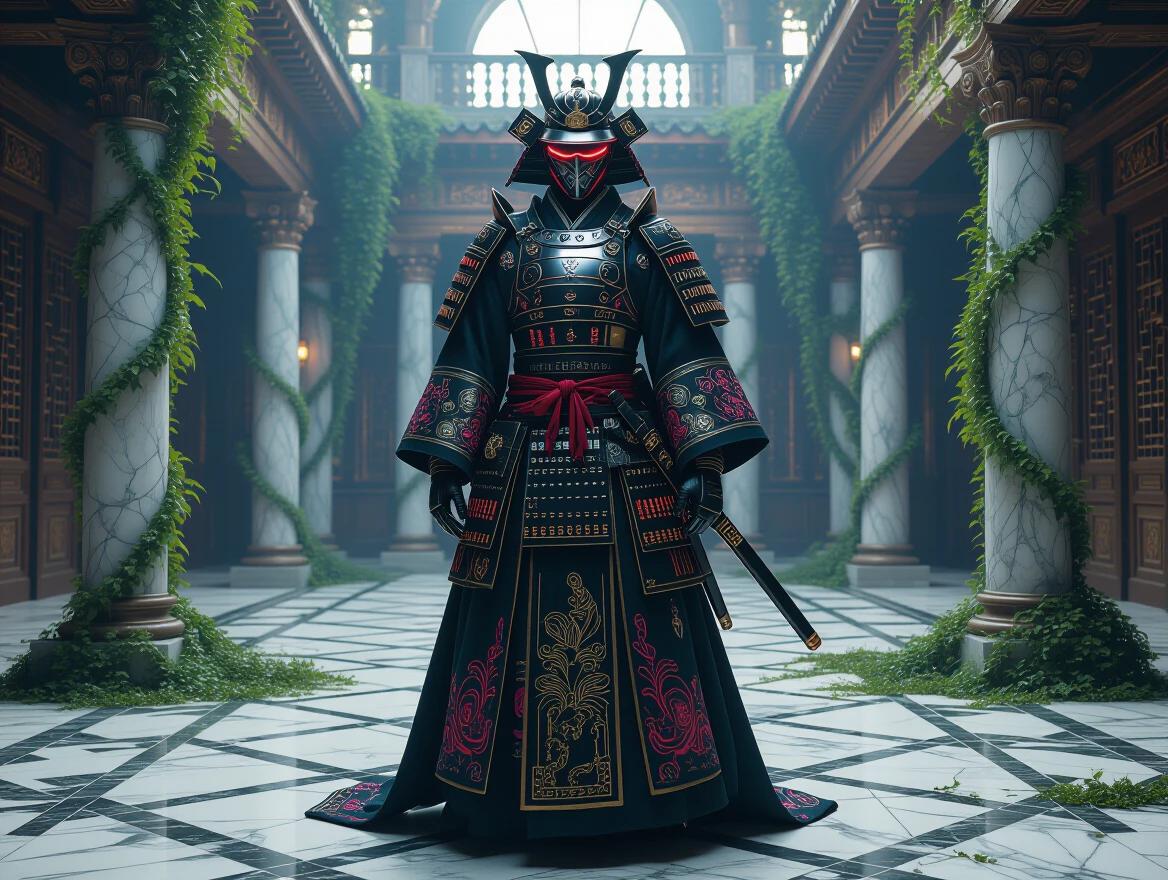 A cyberpunk samurai character with ornate armor and glowing neon etchings. The figure wears a flowing robe decorated with intricate embroidery. The cybernetic visor mask adds a futuristic element. The setting is a baroque palace with a cracked marble floor. Vines made of circuits creep along the architecture. Ambient light filters through, creating a surreal atmosphere. Textiles and metallic surfaces are depicted in hyper-detail. The image showcases a symmetrical composition and a polished cinematic look.