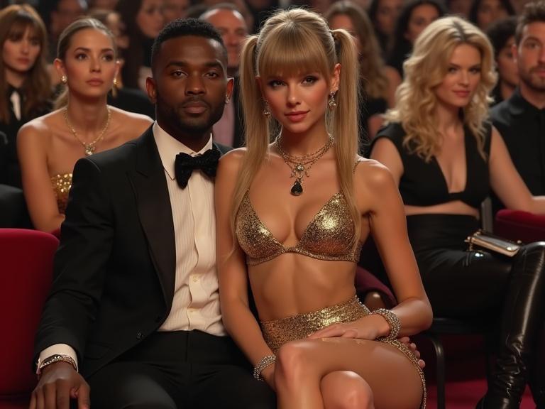 Photorealistic image of a young woman in a gold bikini and short miniskirt attending an awards show. She has long blonde twintails and sits beside a man, both looking happy. The audience is visible in the background. The woman holds a sign with text. The scene is bright with glamourous attire.