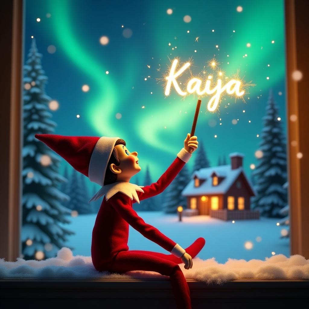 Elf on the Shelf sits back to viewer. It gazes skyward holding glowing wand. Colorful northern lights swirl above. Cozy house is decorated for the holidays. Snow covers ground.