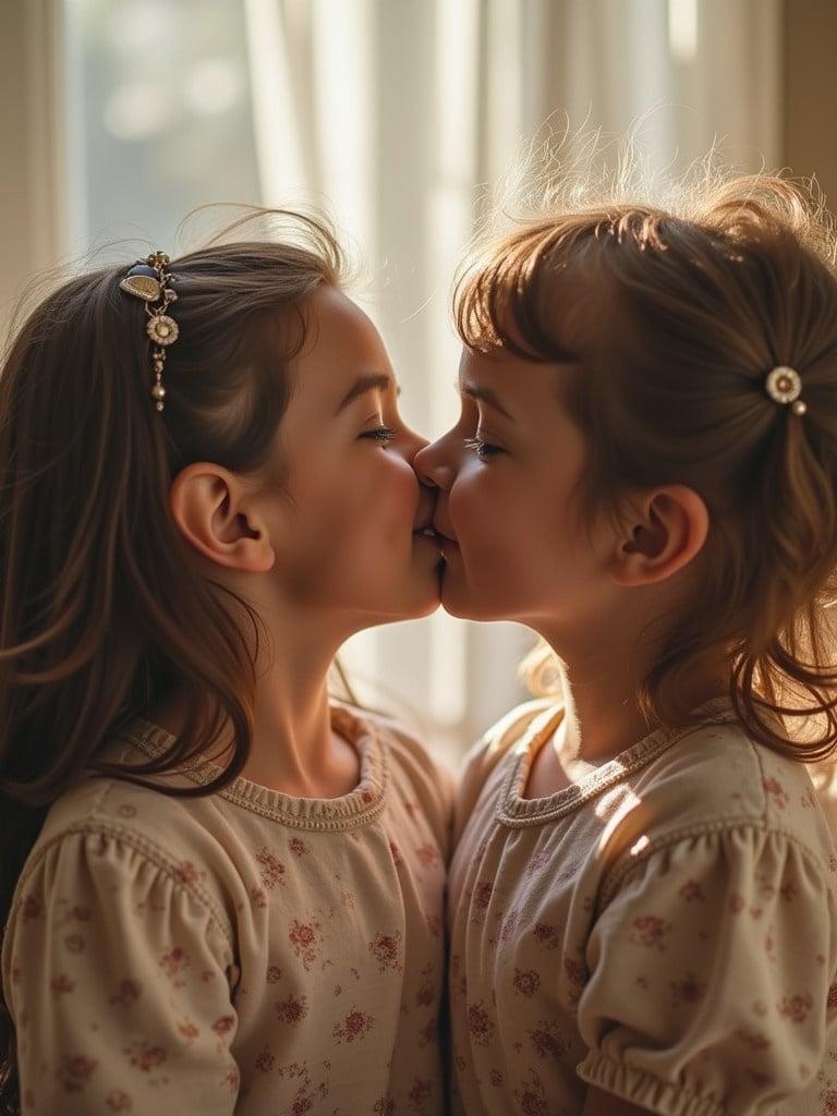 Sisters sharing a kiss in a soft, warm light. They are close together, showing affection. The setting is cozy with natural lighting.