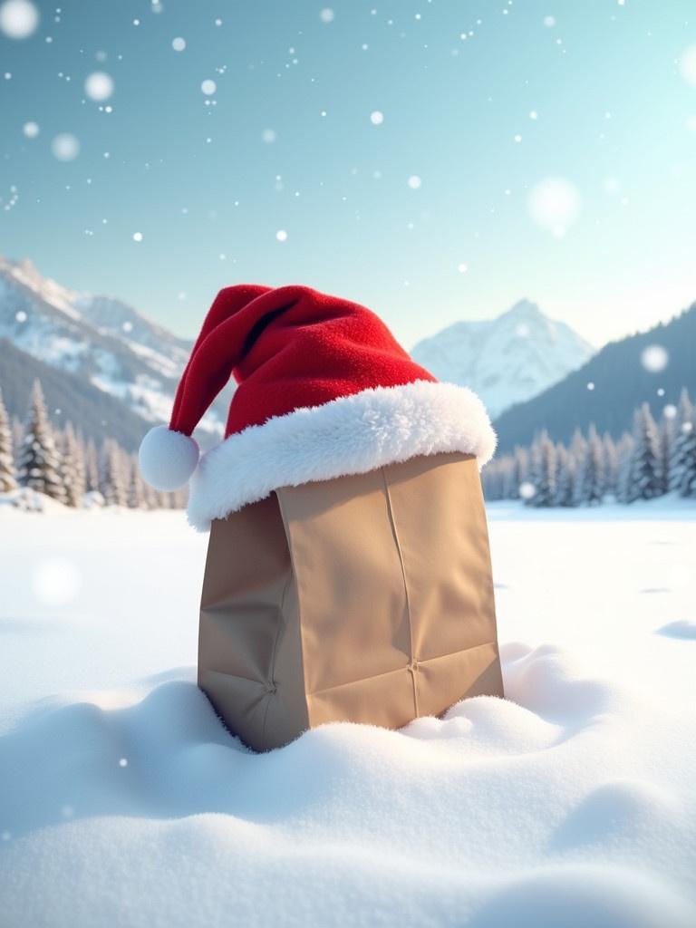 Realistic Christmas-themed image features a brown paper bag in white snow. A red Santa hat decorates the bag. Background shows snowy mountains and blue sky. Falling snowflakes enhance the holiday atmosphere.