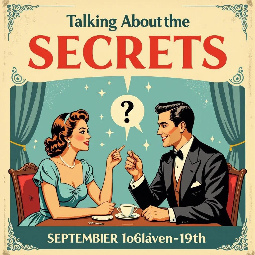 Vintage style poster designed for a play named Talking About the Secrets. The scene features a man and a woman engaged in conversation while seated at a table with cups. Bright vintage aesthetics with a hint of mystery and intrigue invited by a question mark above them.