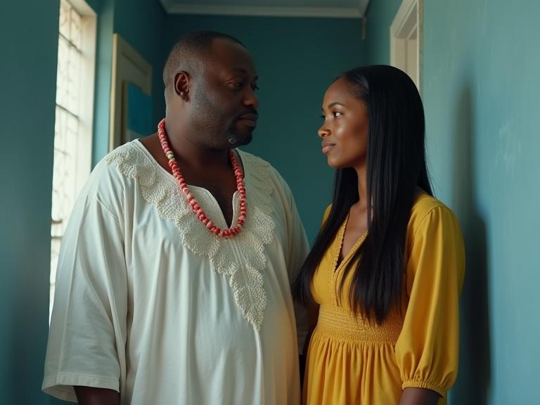 Inside a hallway, Chief Okonkwo stands with Chiamak. Chief wears a white lace Agbada and red beads. Chiamak wears a yellow dress. Chidinma hides behind the curtain. Location in Lekki Phase 1, Lagos, Nigeria.