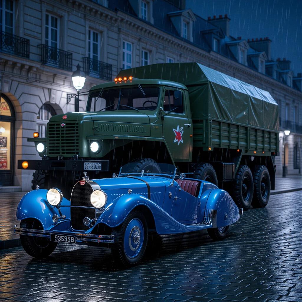 Photorealistic night scene in Waterloo 2025. Rain-slicked cobblestones are visible. A 1924 Bugatti Type 35 is parked in French Racing Blue. A colossal Soviet 6x6 military truck is stopped 50 cm behind the Bugatti. Headlights are blazing an arctic-blue beam into the night. The truck's cabin is entirely dark. Heavy rust adds ghostly iridescence. Each vehicle is positioned with critical alignment. Light beams form an optical barrier at the specified distance. A sign is reflected in an oil puddle beneath the truck while the Bugatti appears only through the truck's light. Shot from a low angle with sharp focus on the vehicles, capturing cinematic dominance in design.