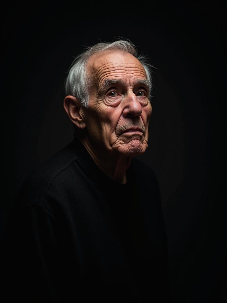 A contemplative elderly person is captured in soft lighting. The background is dark and emphasizes the subject's features. Deep expressive wrinkles highlight a life of experiences.