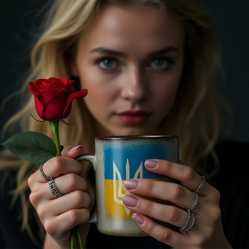 A young woman holds a mug with the Ukrainian flag and Trident. She has blonde hair and a red rose in her other hand. The background is dark. The composition focuses closely on her face and hands. The scene has dramatic studio lighting and a moody atmosphere. Details on the rings and mug are intricate and the skin texture is soft.