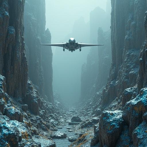 Futuristic probe descends into alien forest of metallic crystals. Glistening jagged forms under muted light. Haunting and beautiful landscape. Cinematic atmosphere.