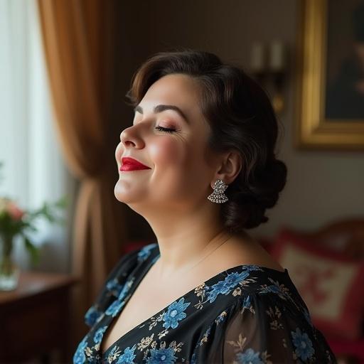 Charming housewife with closed eyes in a vintage living room. She has a thick body and a 1950s hairstyle. Floral dress in black and blue color. Portrait captures her side view with a slight smile.