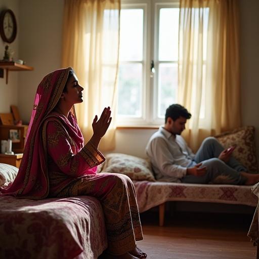 Modest Pakistani bedroom with natural daylight. Woman in colorful shalwar kameez and dupatta prays on the edge of the bed. Hands raised in heartfelt dua. Eyes express sorrow and hope. Husband reclines casually nearby, using mobile phone. Bright room with typical Pakistani decor including wooden furniture and embroidered cushions. Emotionally rich setting.