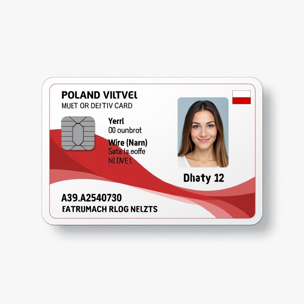 Generate an ID card design for Poland. Include personal identification elements and security features. Use colors from the Polish flag.