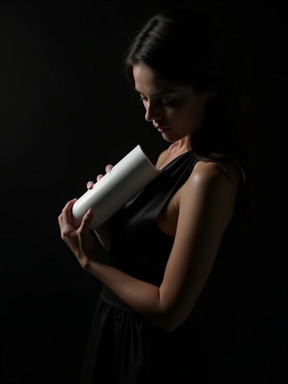 Cinematic ultra-realistic video shot in 4K with a sensual elegant mood. Woman in dark silk dress against black background. Sharp side lighting highlights woman and product. White rectangular handheld vacuum cleaner held close to dress. Soft texture meets geometric lines. Dramatic lighting focuses on face and product details.