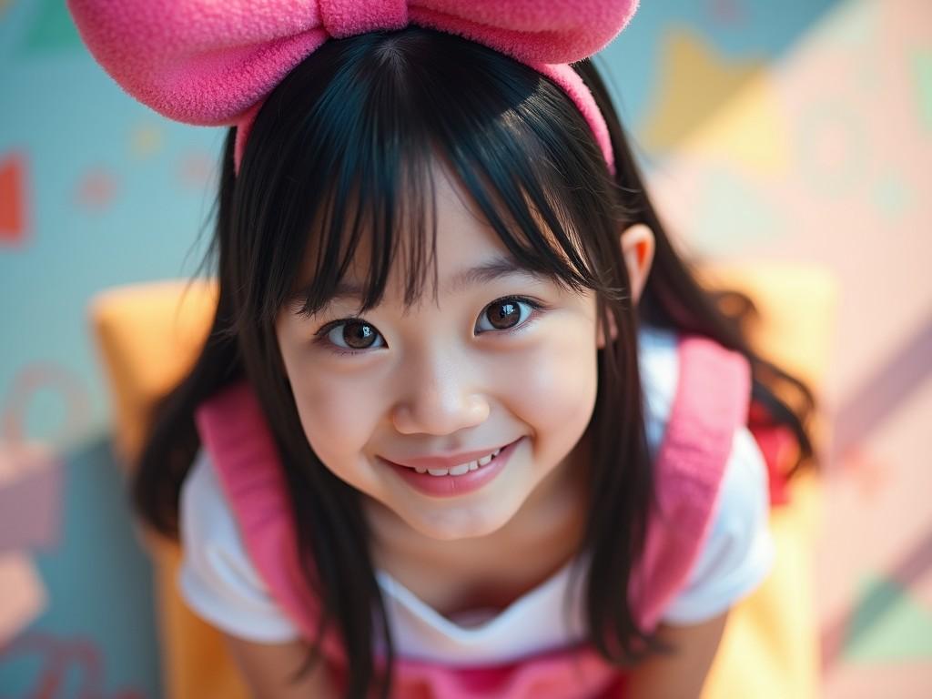 A young girl wearing a large pink bow smiles brightly, sitting in a playful, colorful environment.