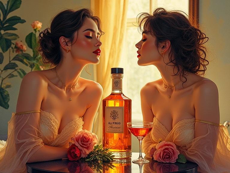 A watercolor painting of a gorgeous figure in an exclusive spa area. The figure wears a translucent silk wrap. She has golden reddish lips and offers a toast. A spirit bottle of 'ALFRUNO' is on a black-mirrored table. The bottle holds a golden reddish herbal liqueur. There are roses and cocktail glasses. The artwork is inspired by WLOP and anime, with a moody film style.