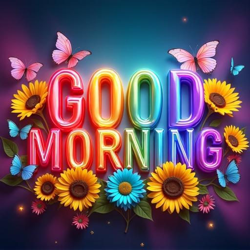 Vibrant digital art with text saying 'GOOD MORNING'. The letters are large, 3D, and rainbow-colored with a glossy finish. Surrounding flowers include sunflowers in yellow and turquoise. Butterflies in pink, purple, and turquoise scattered around. Background has a gradient from dark blue to bright pink. Small letters above read 'By Muny Vathana'.