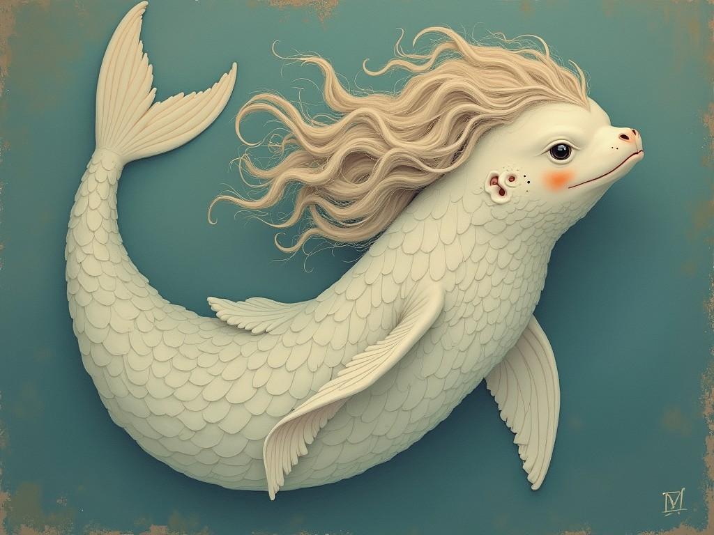 This illustration features a fantastical sea creature with the body of a whale and the face of a human adorned with flowing, blonde hair. The scales on its body shimmer in shades of cream against an aqua background, creating a serene, dreamlike atmosphere. The creature's playful expression and whimsical design evoke a sense of wonder and fantasy.