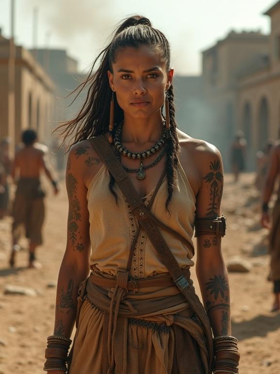 Cinematic portrait of an Iron Age huntress from a reborn civilization. She stands in the rebuilt ruins of an ancient city. She wears layered leather and linen clothing reinforced with iron. Clan symbols are on the fabric. An iron dagger and a compact hatchet are worn proudly. Tribal tattoos trace her arms, chest, and face. Her tanned skin and proud expression reflect wind and tradition. Hair is braided with metal beads. In the background, partially rebuilt buildings and smoke from cooking fires indicate organized village life. The image showcases warm diffuse lighting and earthy colors.