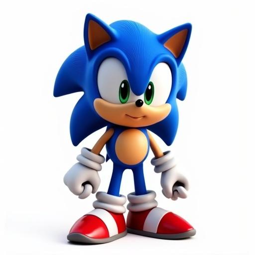 Character concept art depicting Sonic with soft textures. Design features an expressive face and big bright eyes. Sonic stands in full-body view against a clean white backdrop. Scene includes cinematic lighting and high-detail features.