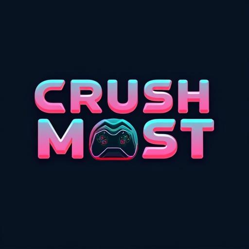 Logo design featuring bold text 'CRUSH MOST' in impactful font. Stylized game controller integrated into text. Gradient from pink to teal. Includes optional tagline. Vector style.