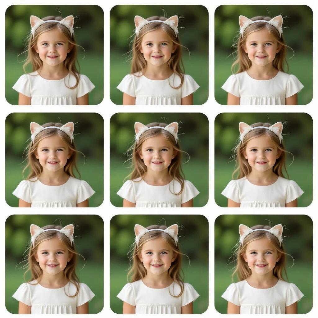 Create a photo collection featuring a smiling girl around age 8 styled in a cartoonish manner. She wears cute cat ears and a white dress. The focus is on her joyful expression in a soft outdoor setting.