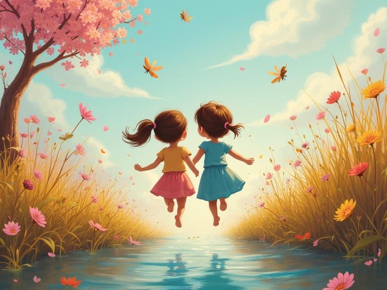 Two girls with brown hair in pastel dresses jump joyfully by a riverside. Flowers bloom around them. A tree has pink blossoms. Golden sunlight bathes the scene. Blue sky has fluffy clouds. Their laughter echoes in the serene surroundings.
