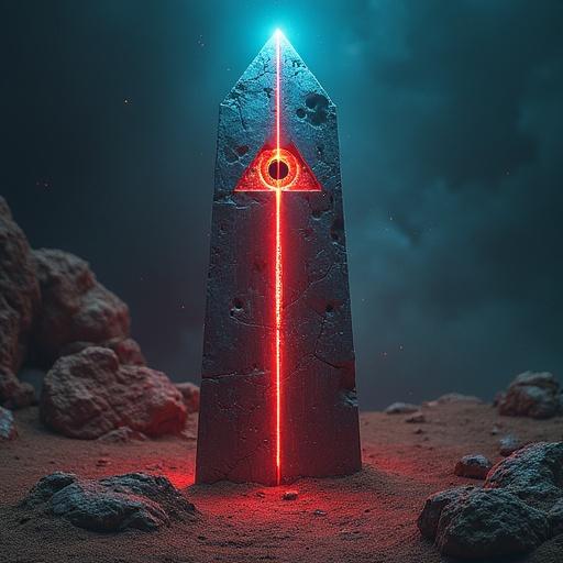 A cracked obelisk stands tall in a desolate landscape. It has a triangular eye inspired by ancient AI. The obelisk splits down the middle showing a pulsing circuit-core. The eye has fractured holographic pupils. Binary tears flow downward with machine code. The texture is sand-scoured as if it has been buried and unearthed. The color scheme features eerie blue and rust-red with an uneven glow effect.