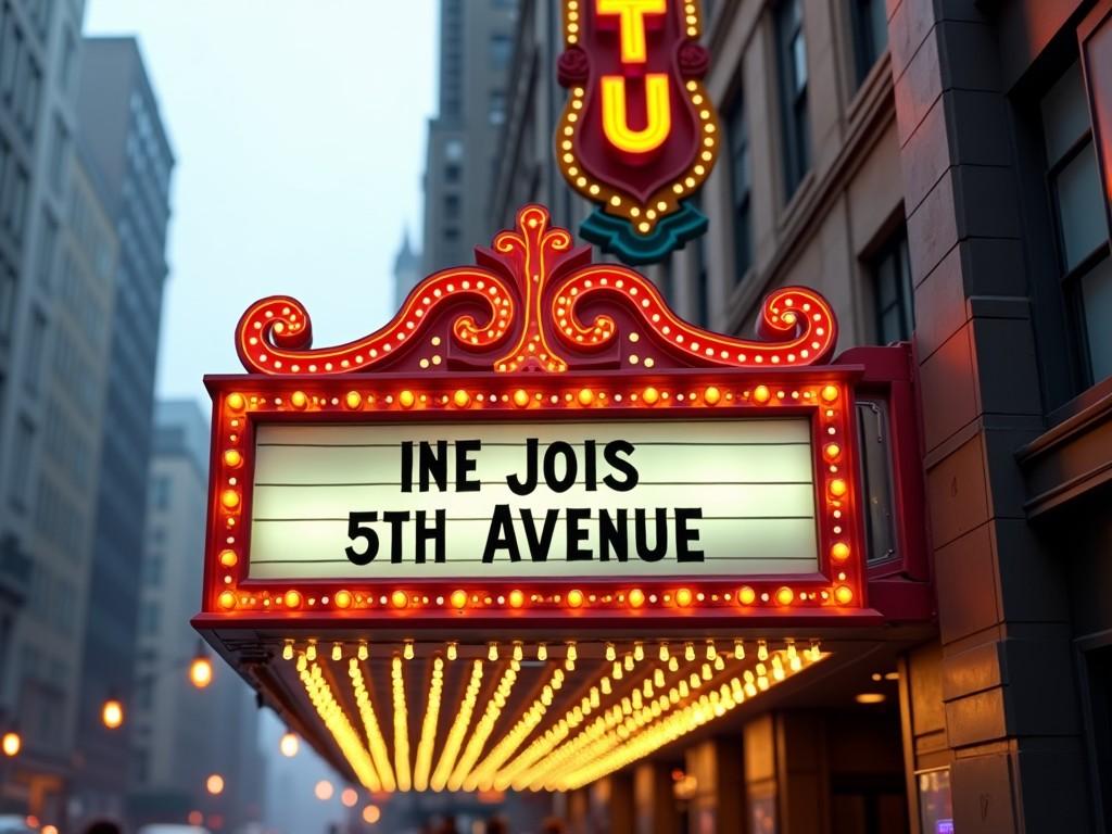 A vibrant street scene featuring a theater marquee on 5th Avenue. The marquee is adorned with bright lights that create an inviting atmosphere. It showcases the text 'INE JOIS 5TH AVENUE.' The angle of the photo captures the lively urban environment, with tall buildings fading into the background. Subtle fog adds a mysterious charm to the city. The colors of red and gold on the marquee stand out against the gray buildings, attracting the viewer's attention.