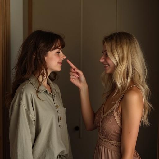A brown-haired teenage girl wearing baggy men's clothes appears to cry. A blonde-haired girl dressed in an evening dress laughs and points at her. The scene captures a moment of emotional interaction.