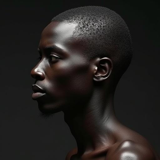 Profile of a black man with shaved head and smooth face wearing a brown jacket