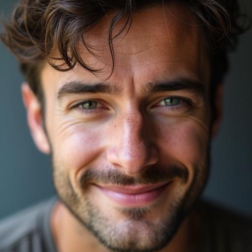 Photo captures an attractive man with soft eyes and a gentle smile. The focus is on his facial features, conveying warmth and approachability. Background is blurred to emphasize the subject.